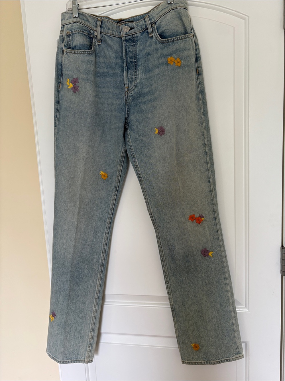 Hudson Jeans Light Blue Straight Leg Jeans with Floral Embroidery